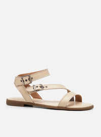 Sandália Rasteira em Couro Off White Tiras e Fivelas