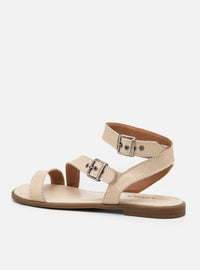 Sandália Rasteira em Couro Off White Tiras e Fivelas