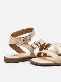 Sandália Rasteira em Couro Off White Tiras e Fivelas