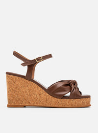 Sandália Anabela em Couro Marrom Salto Cortiça