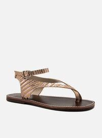 Sandália Rasteira Couro Croco Off White e Prata