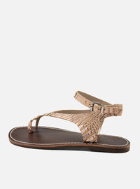 Sandália Rasteira Couro Croco Off White e Prata