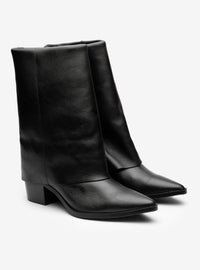 Bota Cano Alto Couro Lapela Salto Bloco Preta