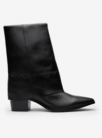 Bota Cano Alto Couro Lapela Salto Bloco Preta