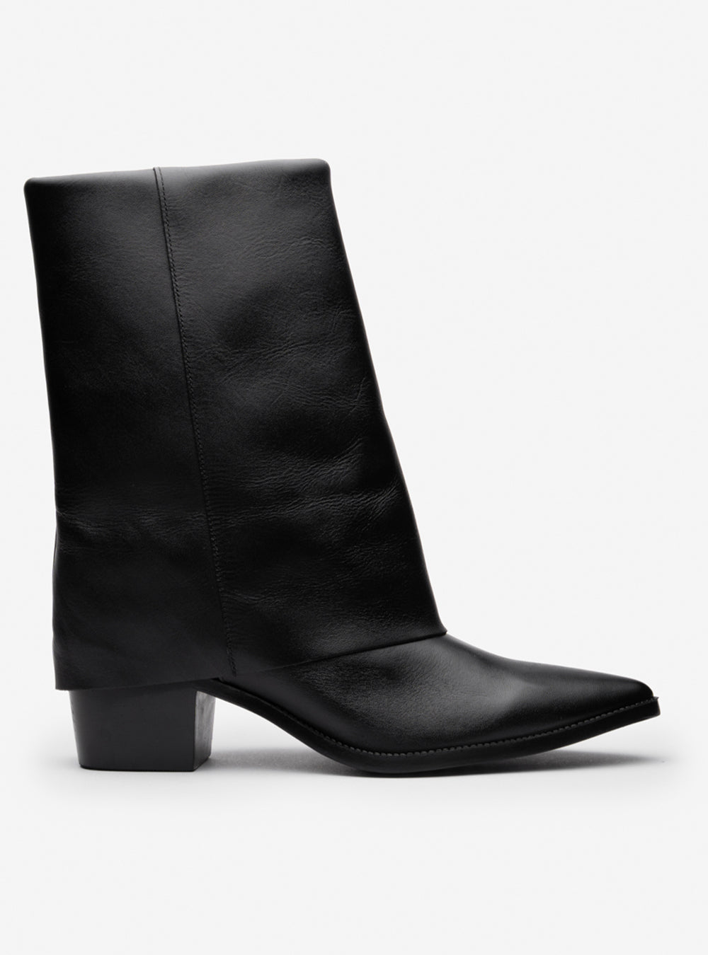 Bota Cano Alto Couro Lapela Salto Bloco Preta
