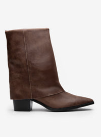 Bota Cano Alto Couro Lapela Salto Bloco Destroyed Marrom