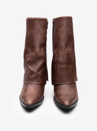 Bota Cano Alto Couro Lapela Salto Bloco Destroyed Marrom