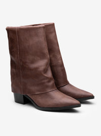 Bota Cano Alto Couro Lapela Salto Bloco Destroyed Marrom