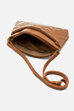 Bolsa em Couro Matelassê Caramelo Zíper Duplo Tiracolo