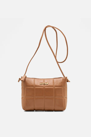 Bolsa em Couro Matelassê Caramelo Zíper Tiracolo