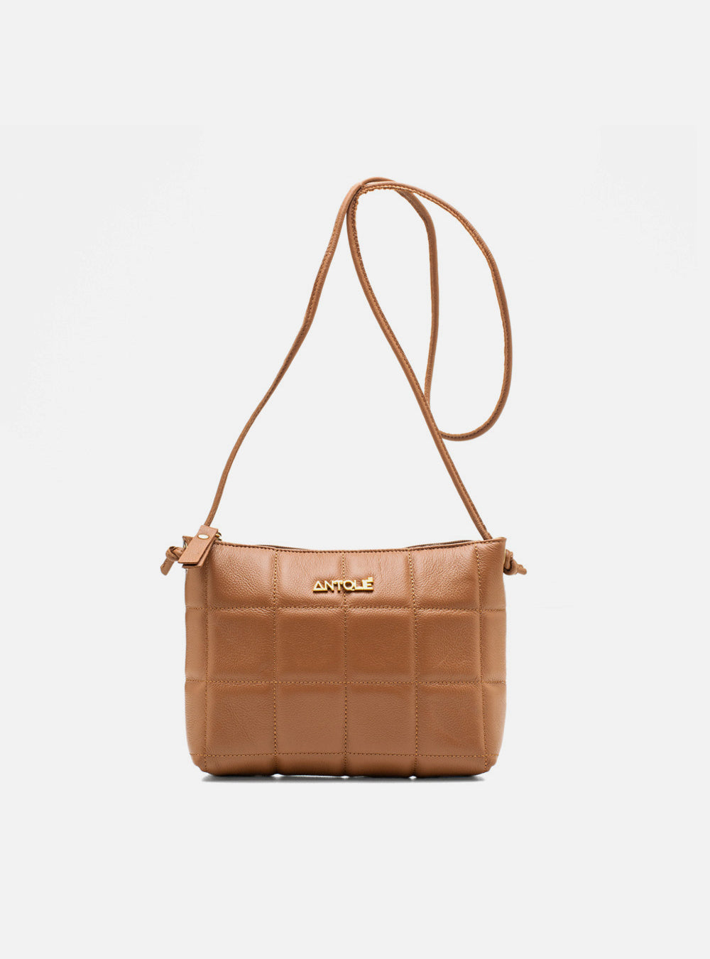 Bolsa em Couro Matelassê Caramelo Zíper Tiracolo