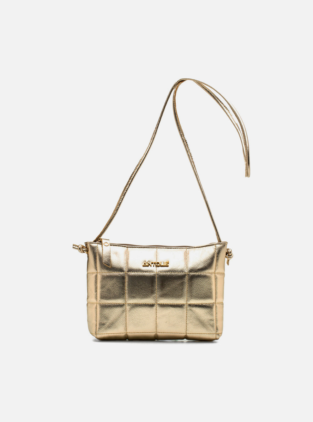 Bolsa em Couro Matelassê Dourada Zíper Tiracolo