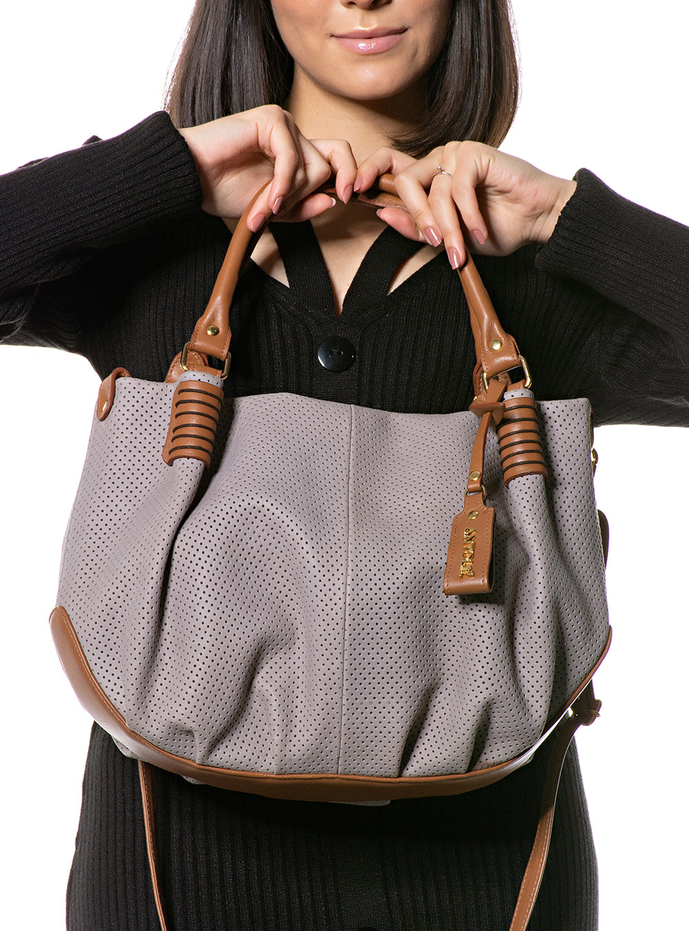 Bolsa em Couro Miami Cinza e Caramelo