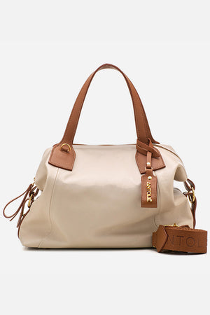 Bolsa em Couro Viena Off White e Caramelo