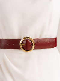 Cinto Bordô Couro Largo Fivela Redonda Dourada