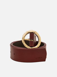 Cinto Bordô Couro Largo Fivela Redonda Dourada