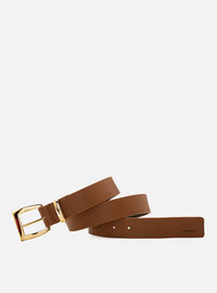 Cinto Caramelo Couro Largo Fivela Quadrada Dourada