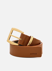 Cinto Caramelo Couro Largo Fivela Quadrada Dourada