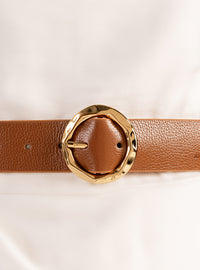 Cinto Caramelo Couro Largo Fivela Redonda Dourada
