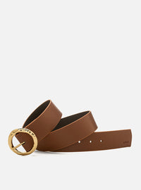 Cinto Caramelo Couro Largo Fivela Redonda Dourada