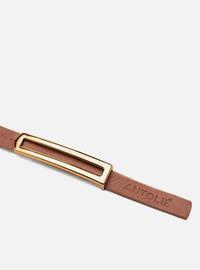 Kit Cinto em Couro Caramelo Fino Metal + Porta Cartão em Couro Caramelo