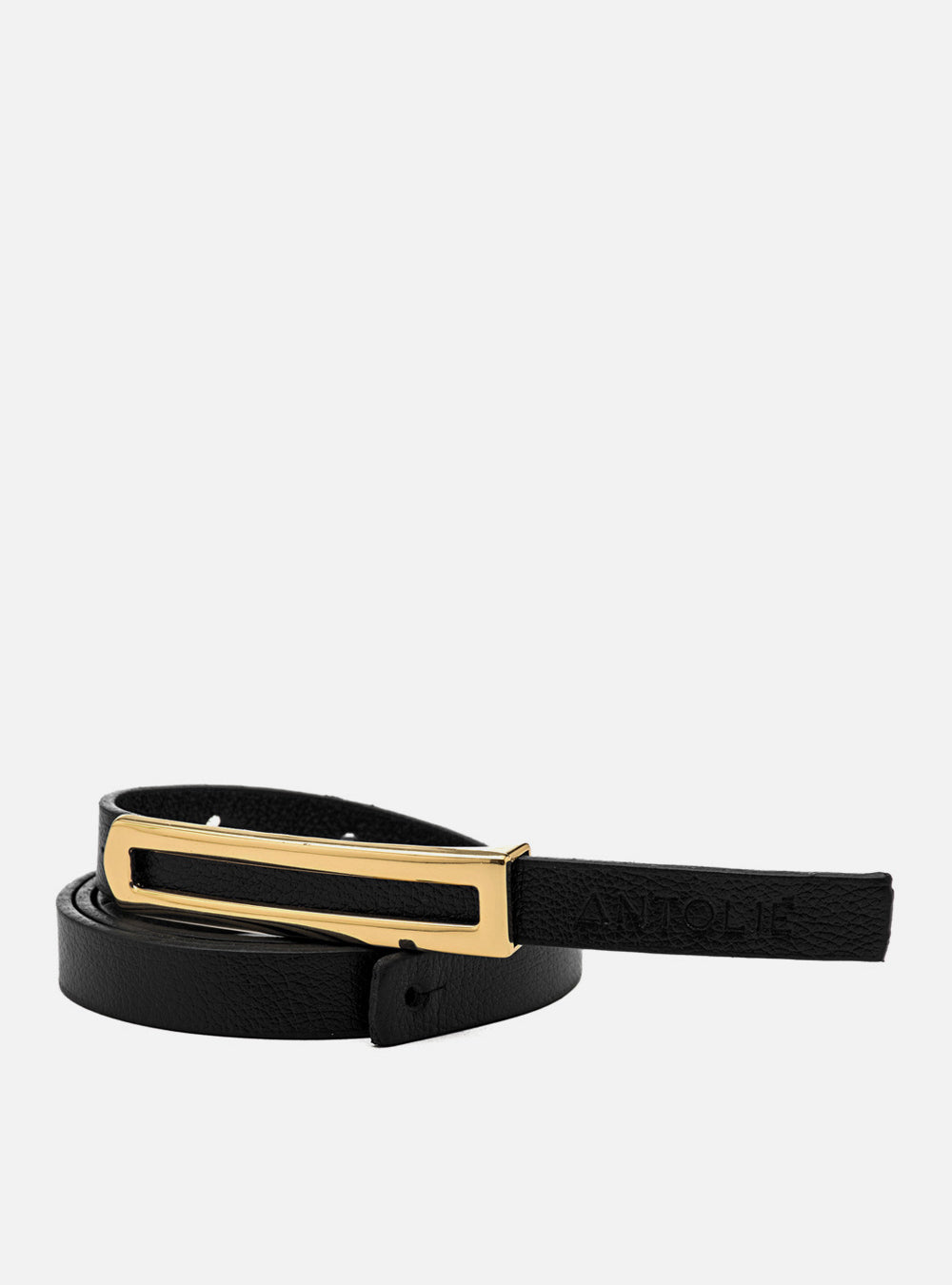 Cinto em Couro Preto Fino Metal