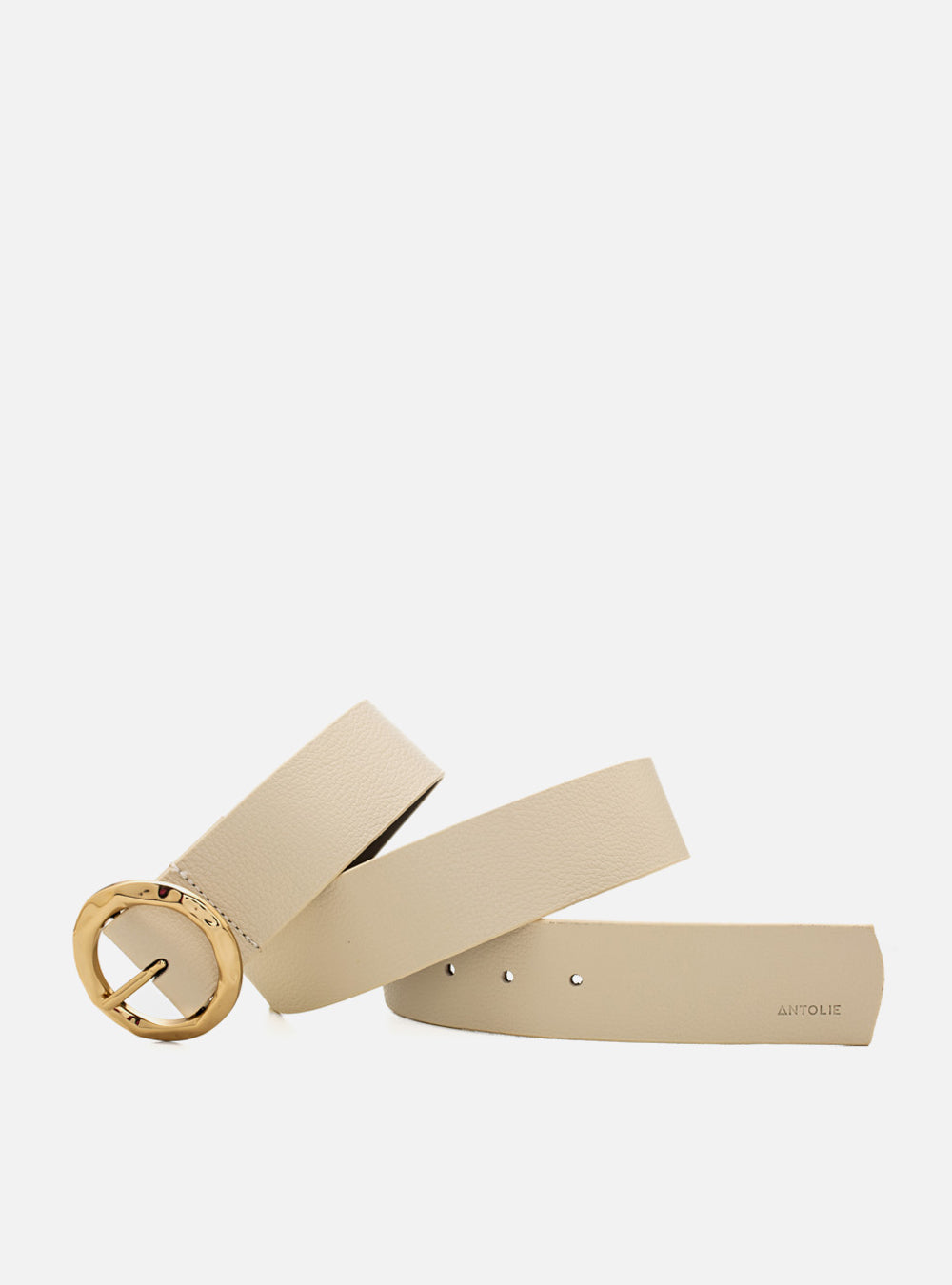 Cinto Off White Couro Largo Fivela Redonda Dourada