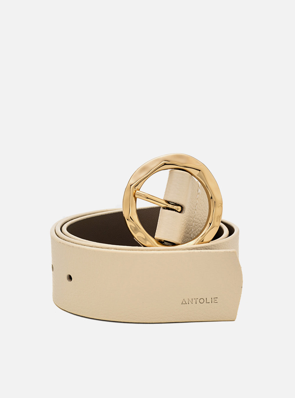 Cinto Off White Couro Largo Fivela Redonda Dourada