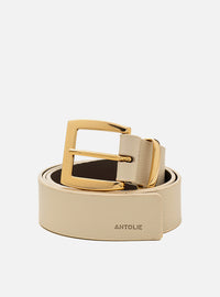 Cinto Off White Couro Largo Fivela Quadrada Dourada