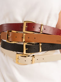 Cinto Caramelo Couro Largo Fivela Quadrada Dourada