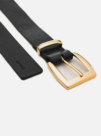 Cinto Preto Couro Largo Fivela Quadrada Dourada