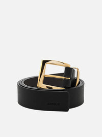 Cinto Preto Couro Largo Fivela Quadrada Dourada