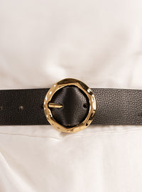Cinto Preto Couro Largo Fivela Redonda Dourada