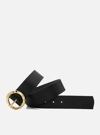 Cinto Preto Couro Largo Fivela Redonda Dourada