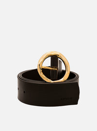 Cinto Preto Couro Largo Fivela Redonda Dourada