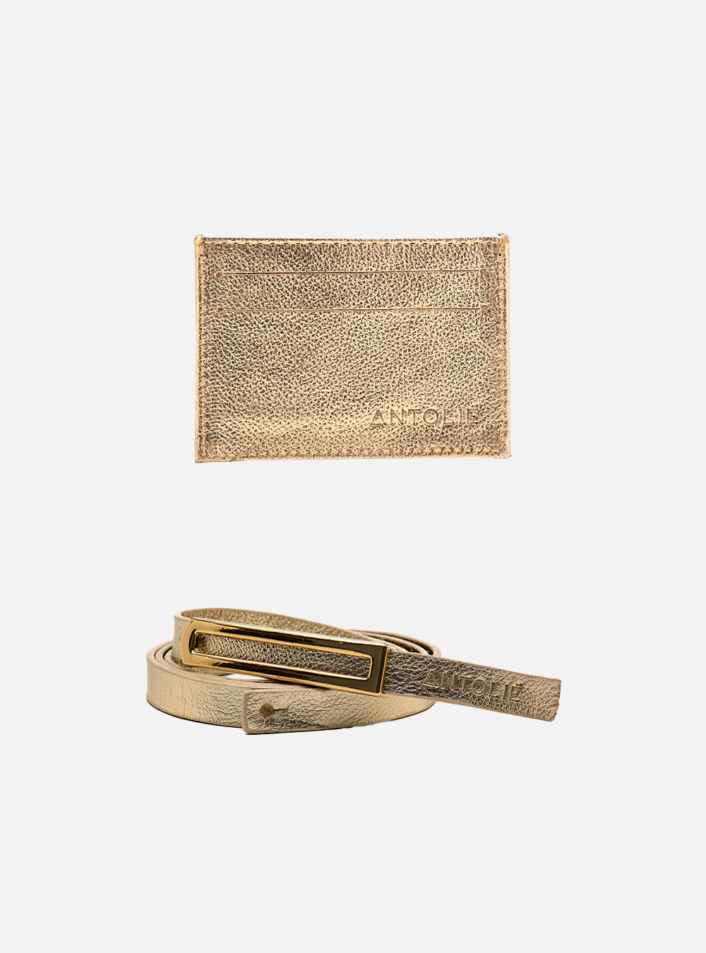 Kit Cinto em Couro Dourado Fino Metal + Porta Cartão em Couro Dourado