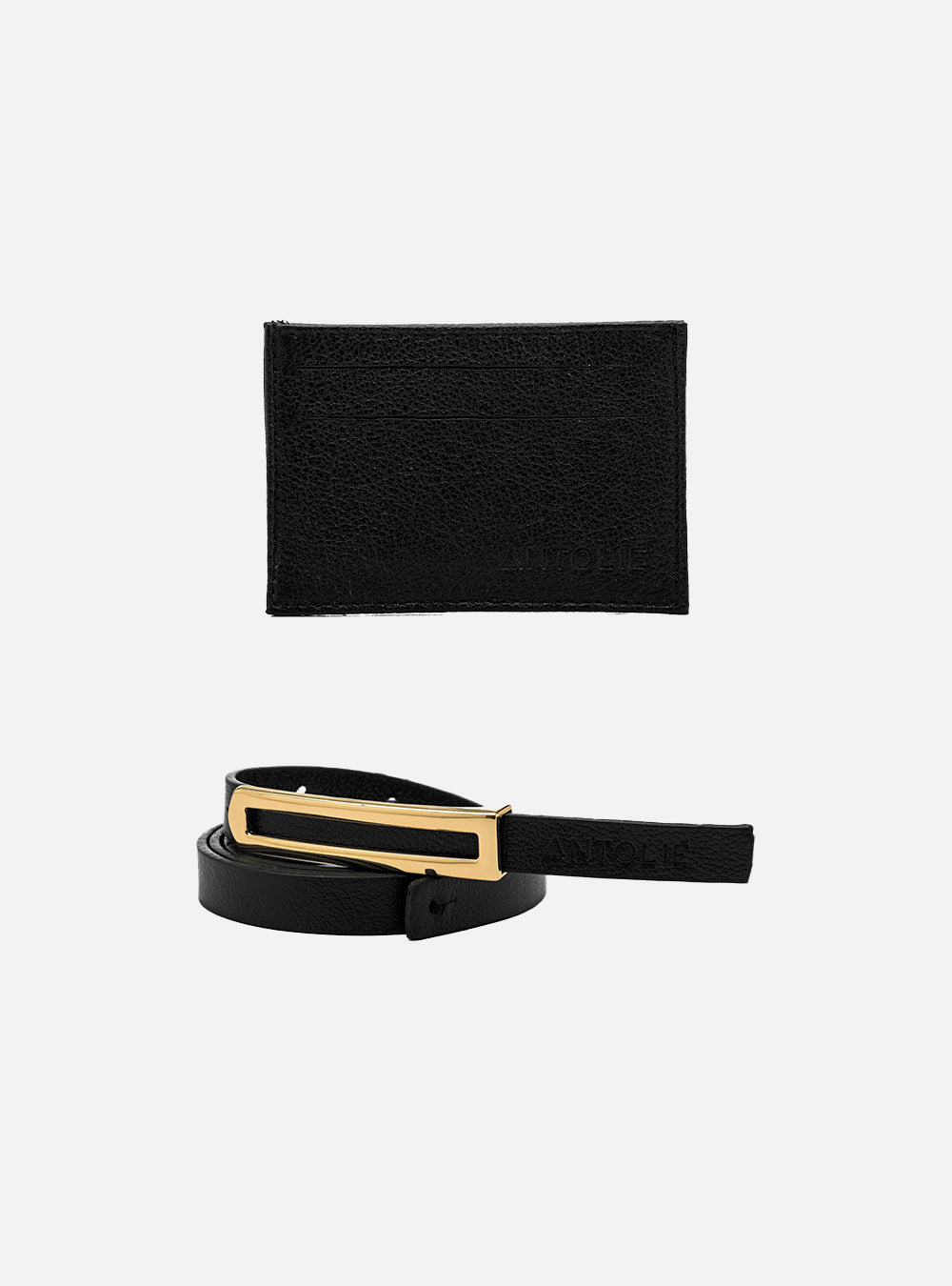 Kit Cinto em Couro Preto Fino Metal + Porta Cartão em Couro Preto