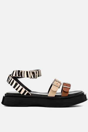 Flatform em Couro Fivelas Bia Caramelo Off White e Animal Print Zebra