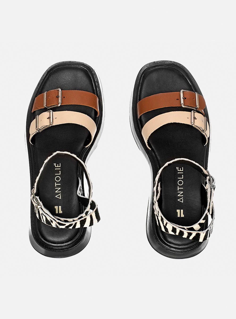 Flatform em Couro Fivelas Bia Caramelo Off White e Animal Print Zebra