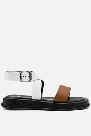 Flatform em Couro Fresh Rafaela Caramelo e Branco