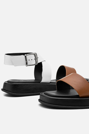 Flatform em Couro Fresh Rafaela Caramelo e Branco