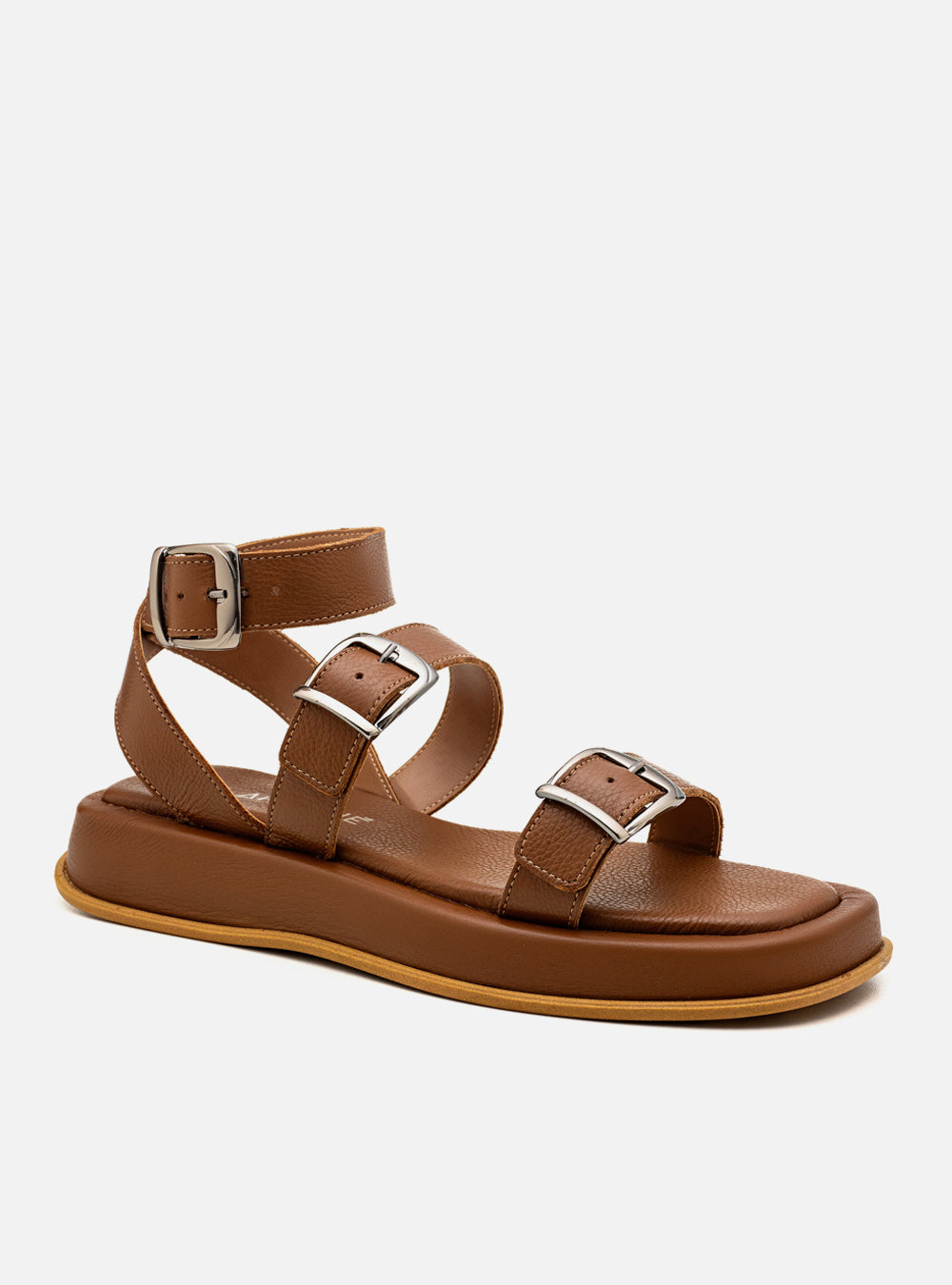 Flatform em Couro Tiras e Fivelas Rafaela Caramelo