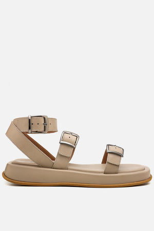 Flatform em Couro Tiras e Fivelas Rafaela Off White