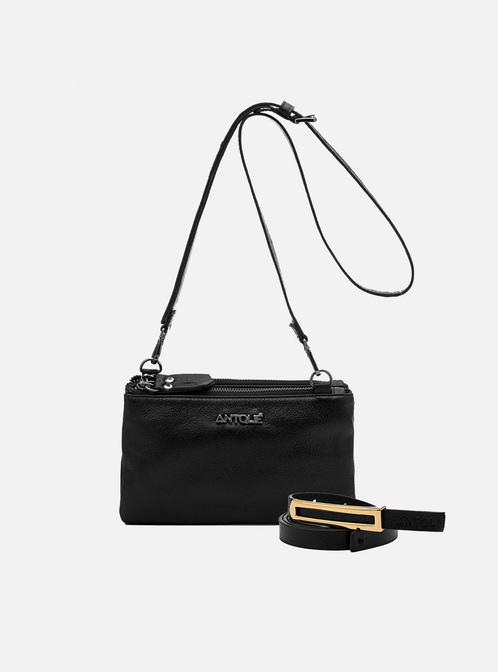 Kit Look Preto | Bolsa em Couro Tiracolo Básica Preto + Cinto em Couro Preto Fino Metal