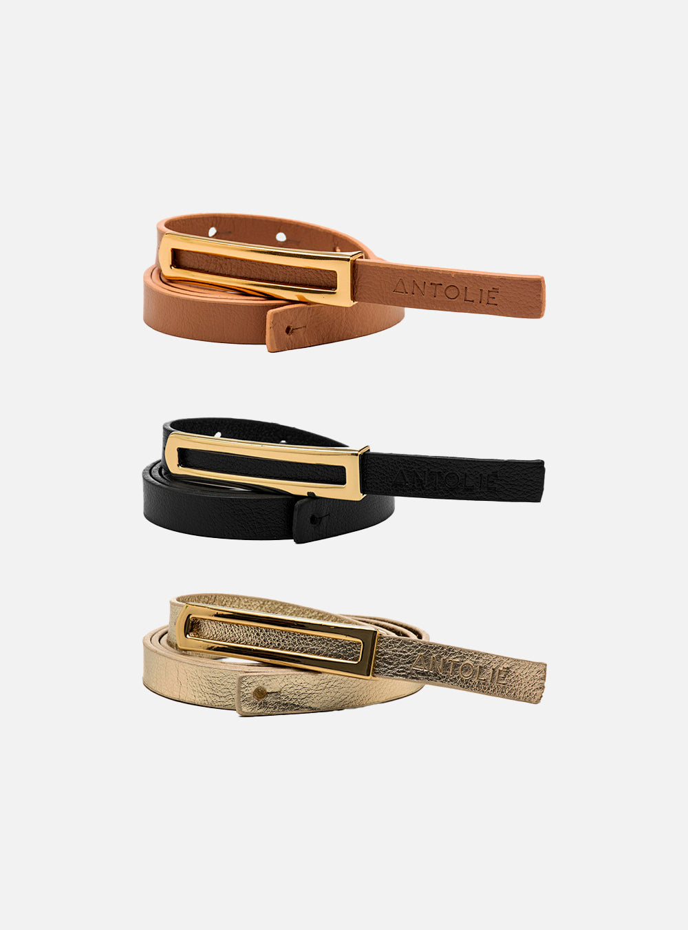 Kit Trio Cintos | Cinto em Couro Preto Fino Metal + Caramelo + Dourado