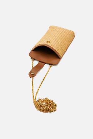 Mini Bag em Palha Tressê e Couro Caramelo
