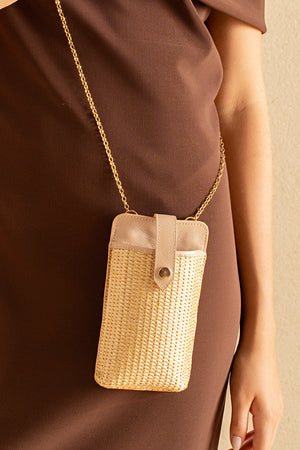 Mini Bag em Palha Tressê e Couro Nude