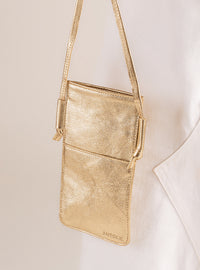 Mini Bolsa em Couro Porta Celular Dourada