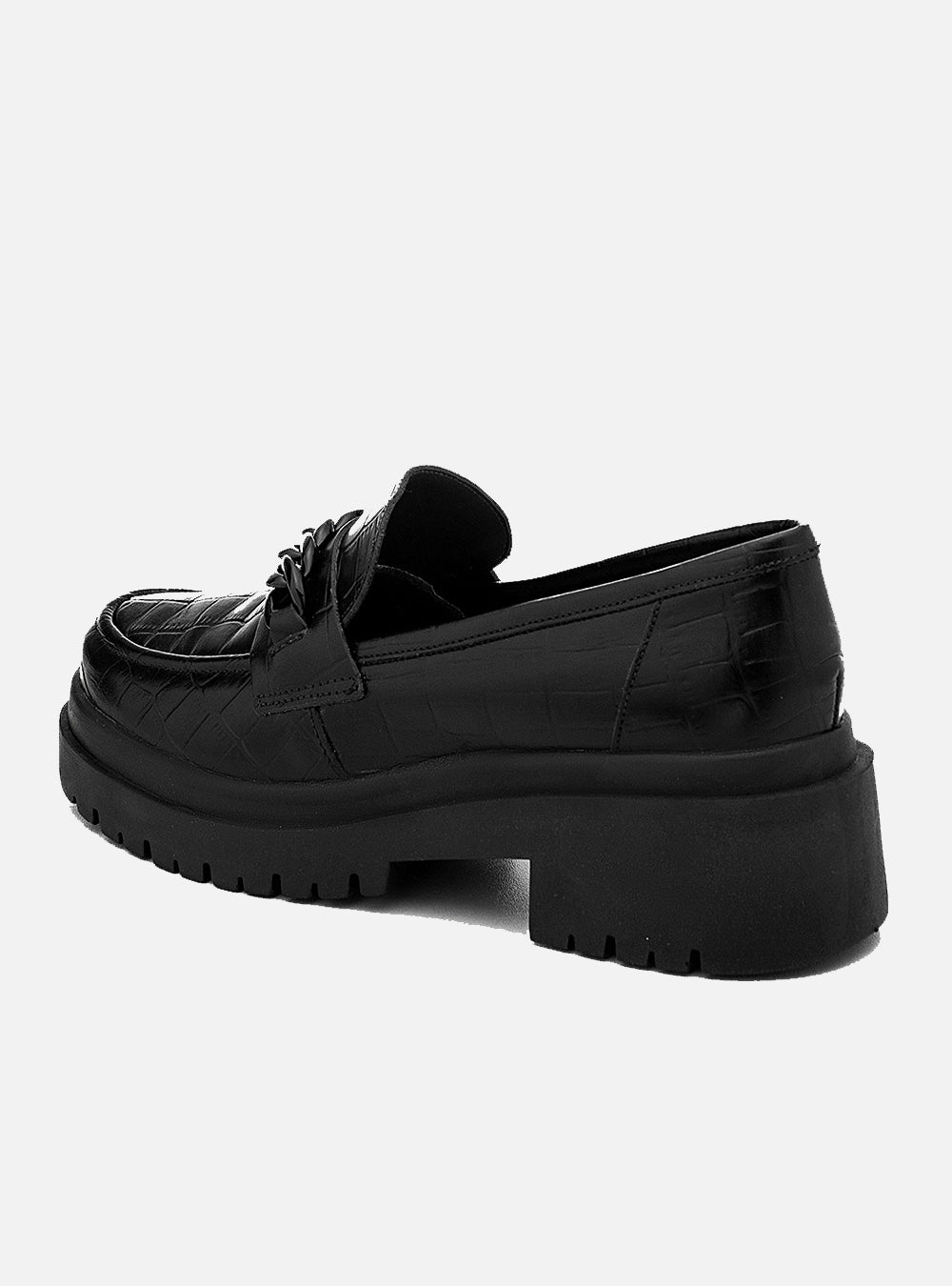 Mocassim em Couro Croco Tratorado Corrente Esther Preto