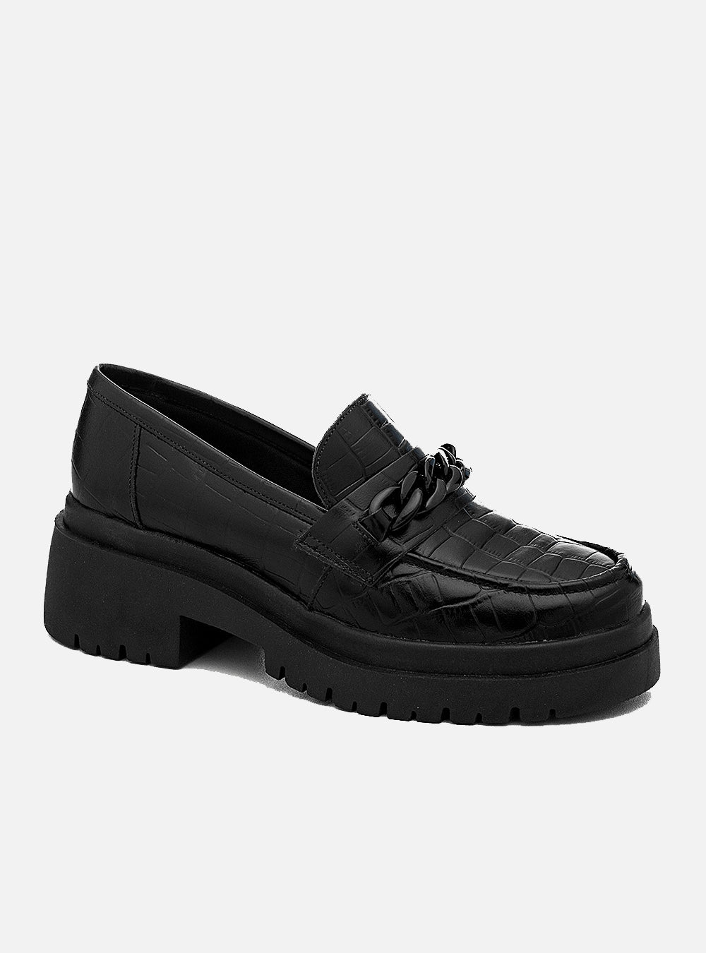 Mocassim em Couro Croco Tratorado Corrente Esther Preto